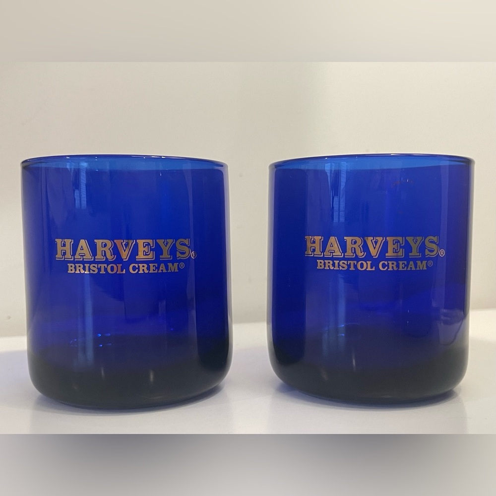 Vintage Harveys Bristol Cream Cobalt Blue Glass Tumblers with Gold Logo Set of 2